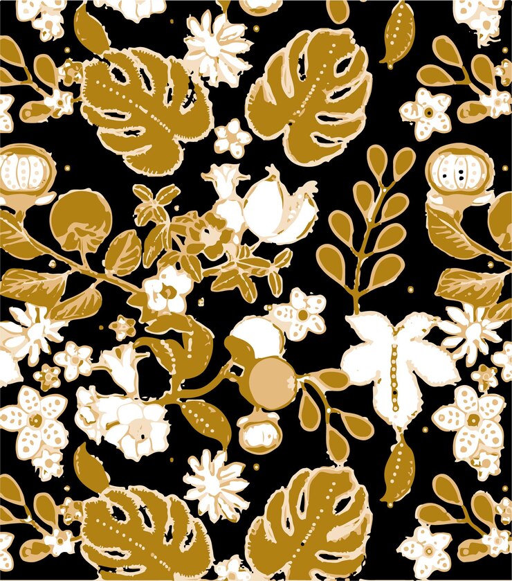 Elegante ilustración floral con hojas de oro y elementos tropicales