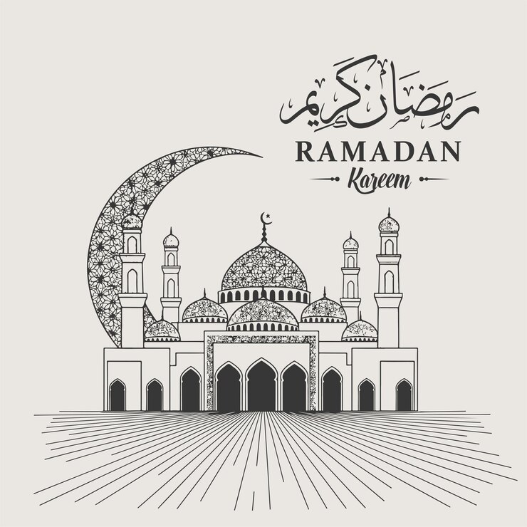 Elegante ilustración de la mezquita de Ramadan Kareem con intrincada luna creciente y caligrafía árabe