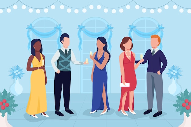 Elegante ilustración de vector de color plano de fiesta de Navidad. Encuentro social para fiestas festivas. Evento de lujo. Personas en vestidos formales y trajes personajes de dibujos animados en 2D con interior en el fondo