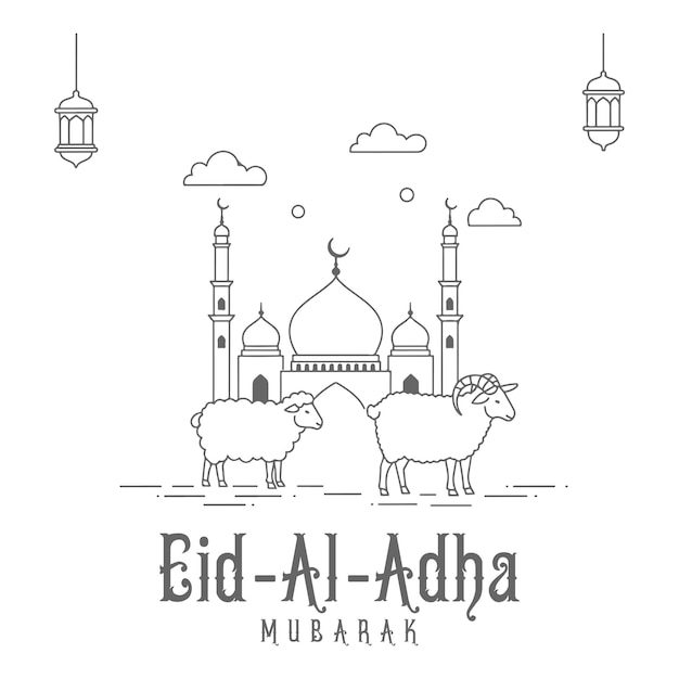 Elegante ilustración vectorial de Eid alAdha Mubarak con linternas de mezquitas islámicas y ovejas de sacrificio
