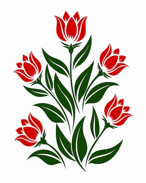 Elegante ilustración vectorial de la flor del tulipán rojo con hojas verdes sobre un fondo blanco