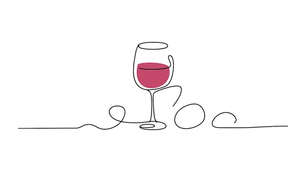 Elegante ilustración de vidrio de vino en arte de línea minimalista con acento de vino rojo