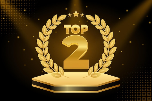 Elegante insignia de oro Top 2 con corona de laurel y foco