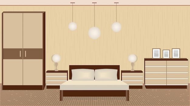 Vector elegante interior de dormitorio en colores cálidos con muebles, lámparas, marcos de fotos.