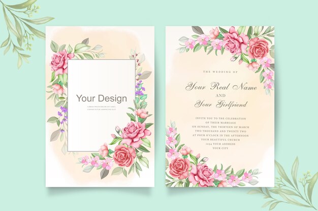 Elegante invitación de boda en acuarela con flores y hojas.