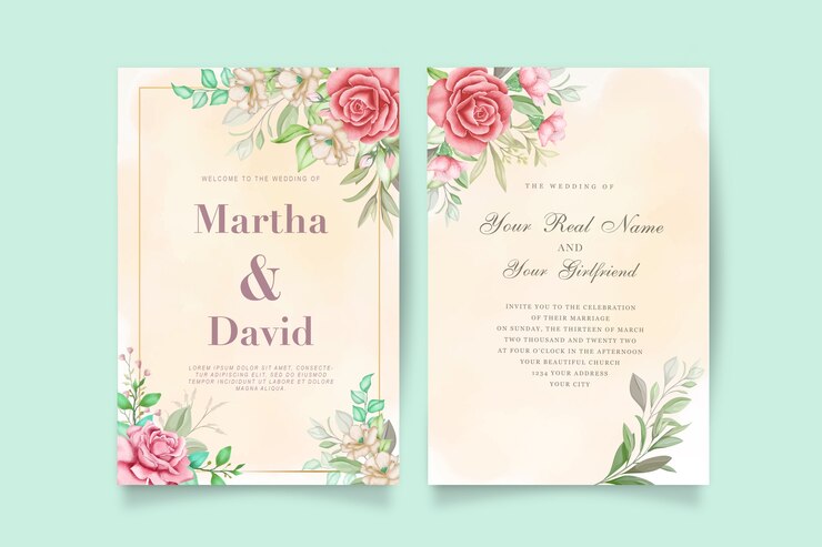 Elegante invitación de boda en acuarela con flores y hojas.