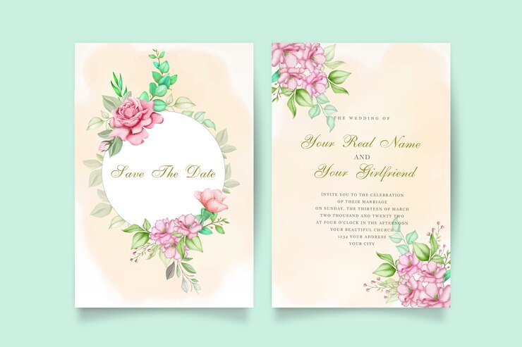 Elegante invitación de boda en acuarela con flores y hojas.