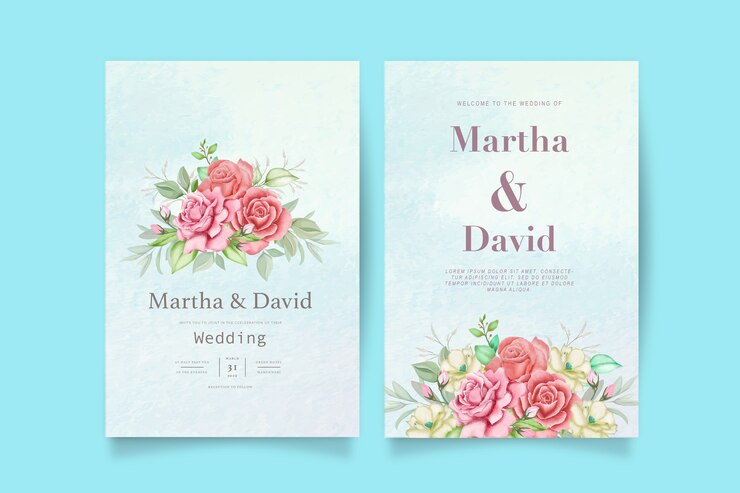 Elegante invitación de boda en acuarela con flores y hojas.