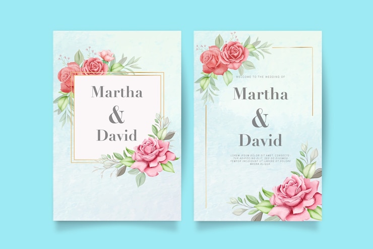 Elegante invitación de boda en acuarela con flores y hojas.