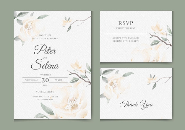 Elegante invitación de boda en acuarela con hermosas flores y hojas pintadas con lavado Vector Premium