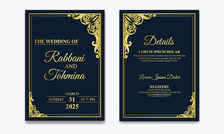 Elegante invitación de boda con detalles florales de oro