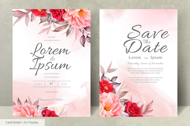 Elegante invitación de boda floral en acuarela con peonía y hojas dibujadas a mano