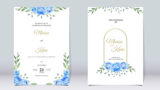 Elegante invitación de boda floral azul con diseño minimalista.