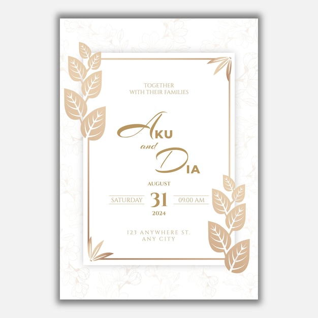 Vector elegante invitación de boda con flores de oro blanco