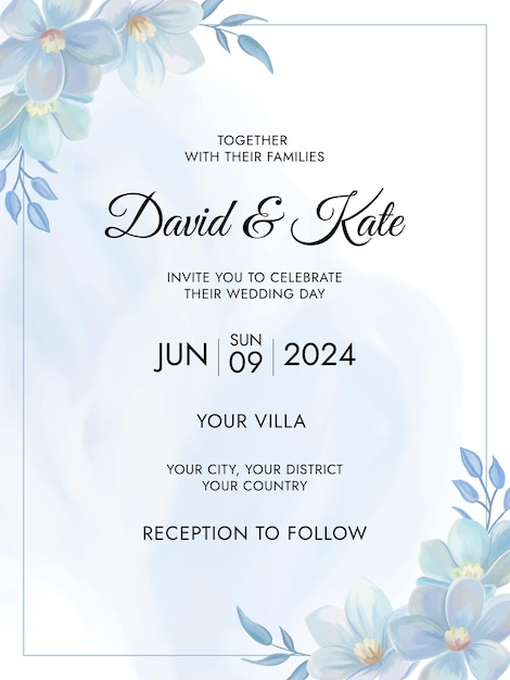 Elegante invitación de boda con una hermosa plantilla floral de acuarela azul
