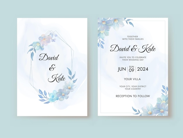 Elegante invitación de boda con una hermosa plantilla floral de acuarela azul