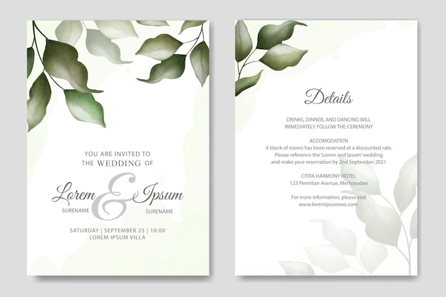 elegante invitación de boda con plantilla de hojas de vegetación