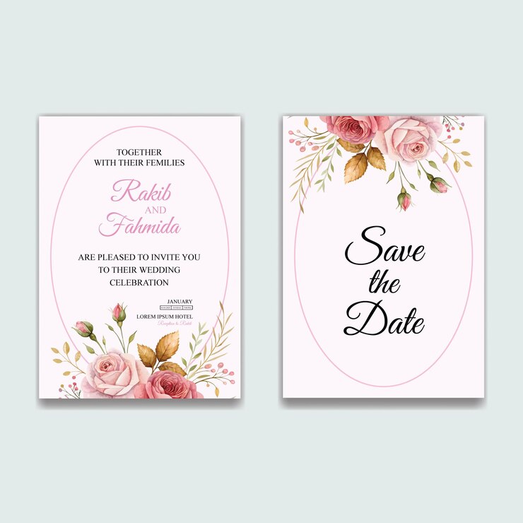 Elegante invitación de boda con rosas rosas y guarde la fecha