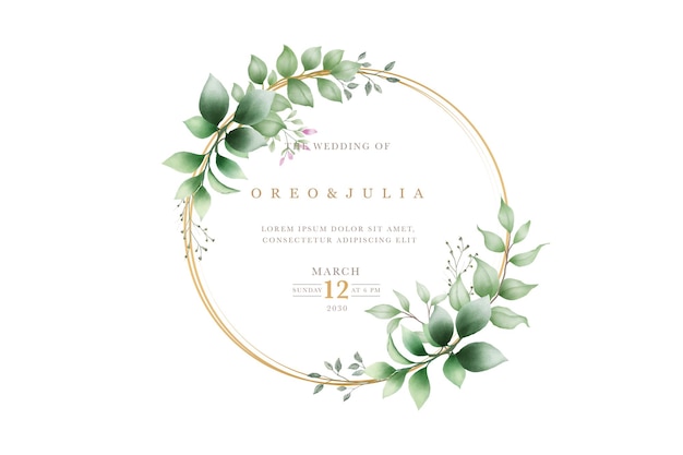 Elegante invitación de boda con vegetación floral y diseño de círculo dorado