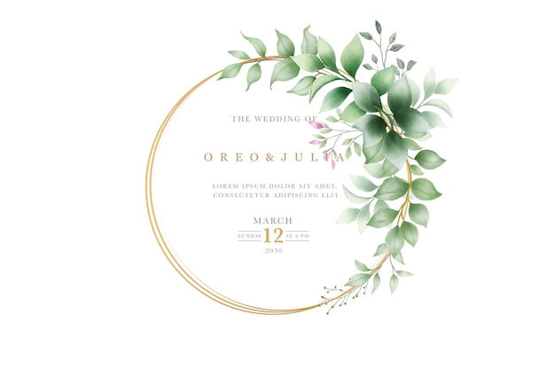 Elegante invitación de boda con vegetación floral y marco de oro