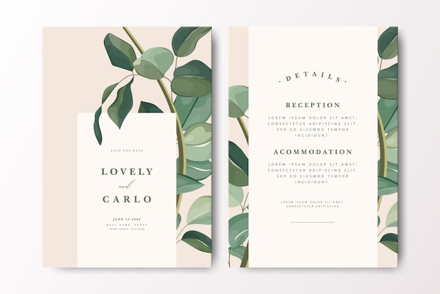 Elegante invitación botánica de boda con eucalipto y tarjeta de detalles
