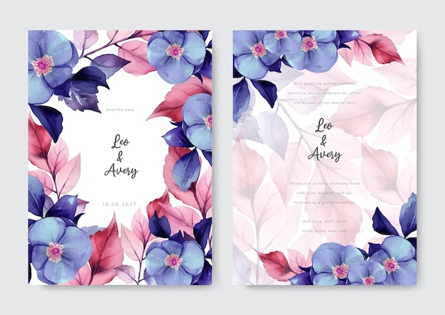 Elegante invitación floral de boda de colores con orquídea púrpura acuarela tarjeta de boda boho