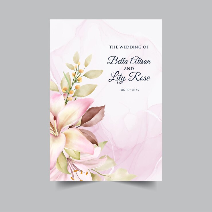 Elegante invitación floral para la boda con lirios acuarelados
