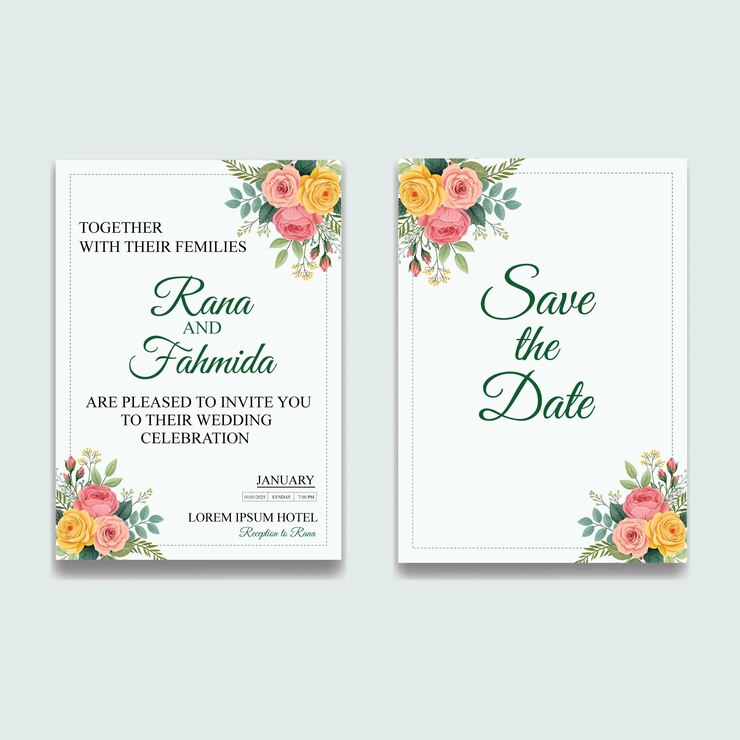 Elegante invitación floral para la boda con la tarjeta "Guarda la fecha"