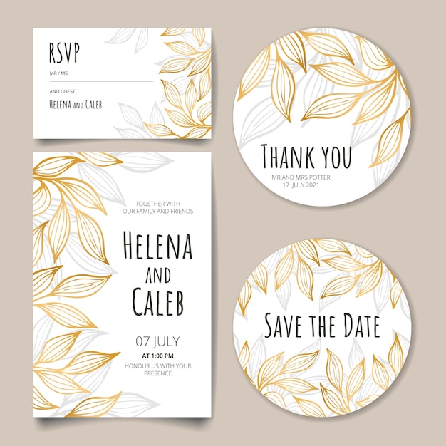 Vector elegante juego de tarjetas de invitación para celebrar la boda, con hojas de oro.