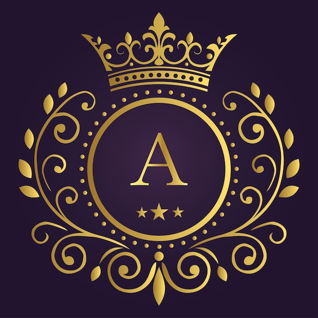Elegante letra dorada A con corona de laurel y corona en fondo púrpura profundo para un diseño real