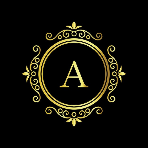 Elegante letra dorada Un diseño de monograma con borde floral decorativo sobre fondo negro