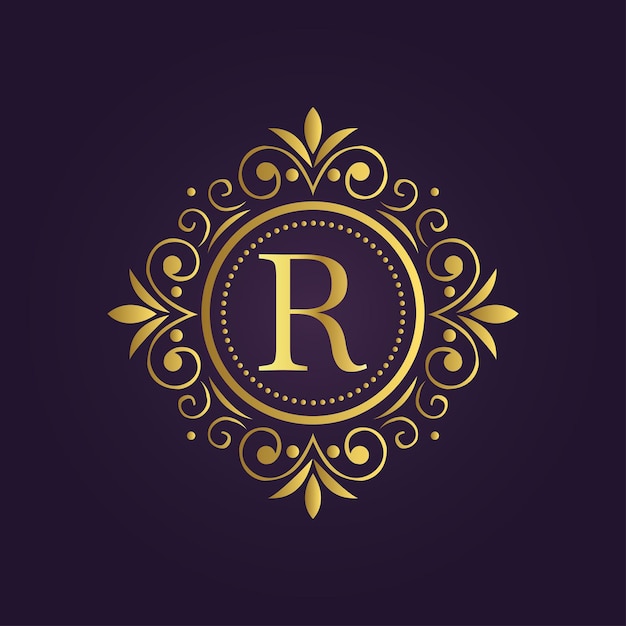 Elegante letra dorada R con corona de laurel y corona en fondo púrpura profundo para un D real y real