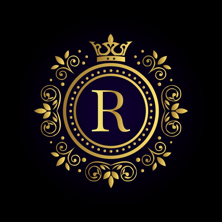 Vector elegante letra dorada r con corona de laurel y corona en fondo púrpura profundo para un diseño real
