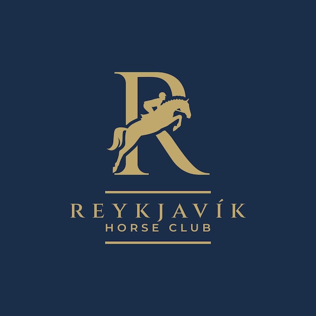 Elegante letra de lujo R monograma logotipo de salto de caballo letra R logotipo de caballo espectáculo de salto de caballo logotipo