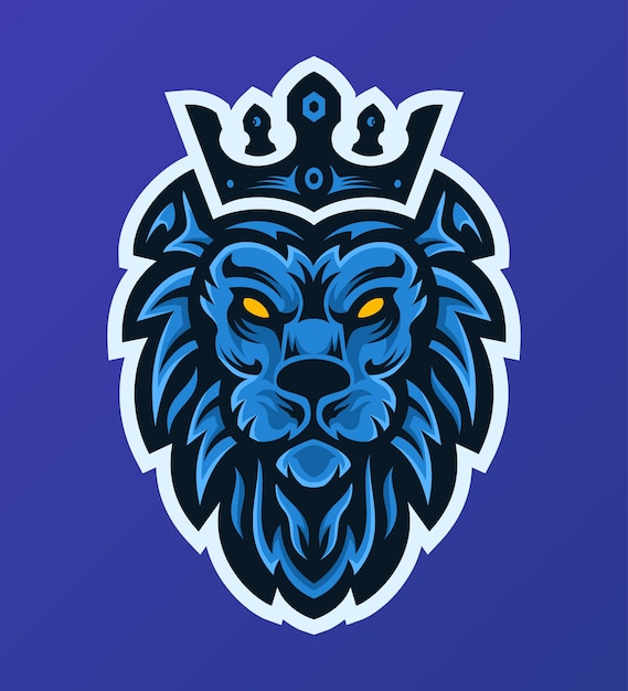 Elegante logotipo azul de la mascota del rey león esport
