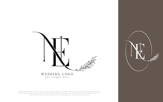 Elegante logotipo de boda con monograma de NE con elementos florales