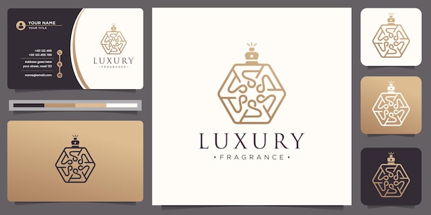 Elegante logotipo de botella de perfume dorado con plantilla de diseño de estilo de concepto de línea abstracta y tarjeta de visita.