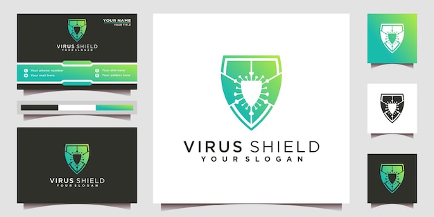 Elegante logotipo de escudo de virus minimalista con modernos colores de espacio negativo y diseño de tarjeta de businnes vector premium