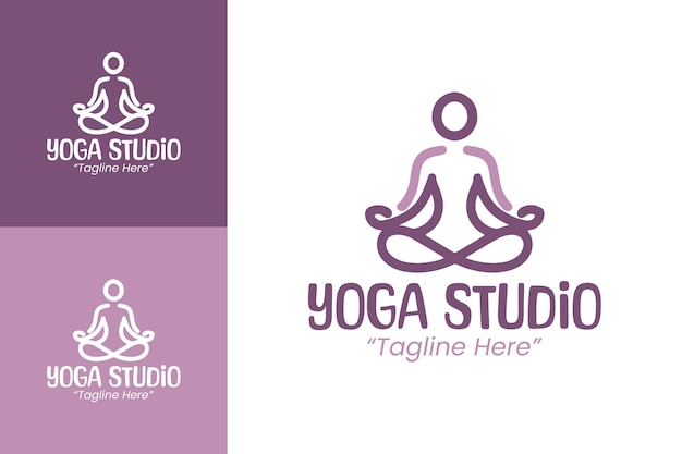 Elegante logotipo de estudio de yoga con diseño púrpura y blanco para centros de fitness y yoga