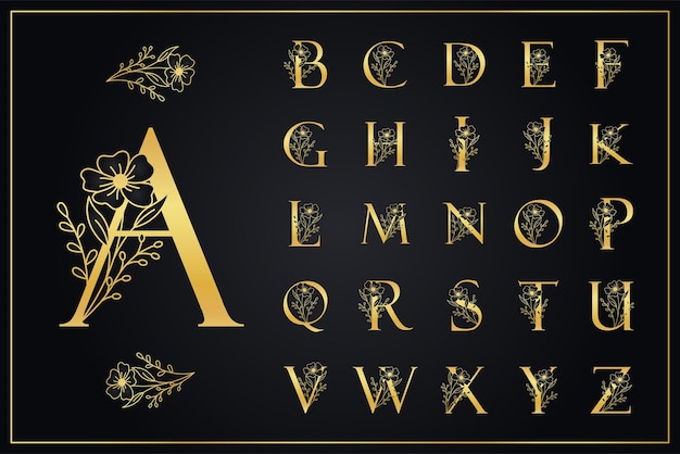 Elegante logotipo floral del alfabeto dorado de la A a la Z