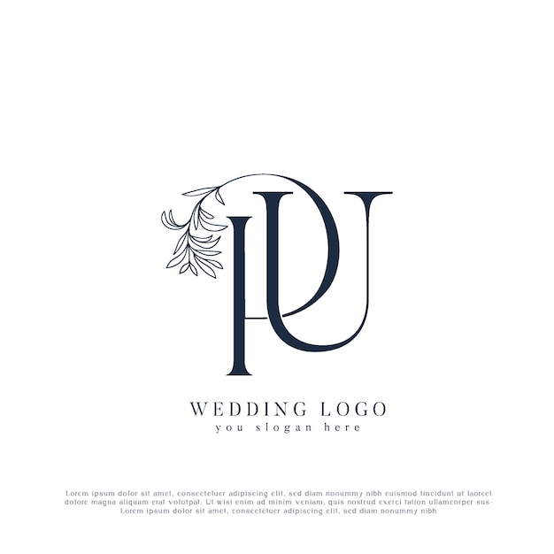 Elegante logotipo floral de boda con las iniciales PU