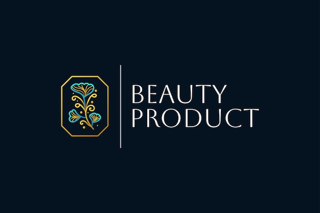 Vector elegante logotipo de flores y hojas con estilo dibujado a mano en concepto de degradado azul y dorado adecuado para la boutique de belleza cosmética spa o el logotipo de la marca de moda