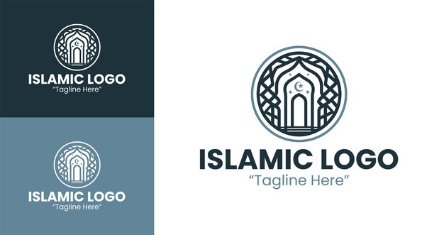 Elegante logotipo islámico con tonos azules y blancos diseño moderno con detalles de mezquita y media luna