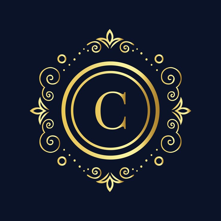 Vector el elegante logotipo de la letra c con monograma dorado con intrincados adornos sobre un fondo azul oscuro