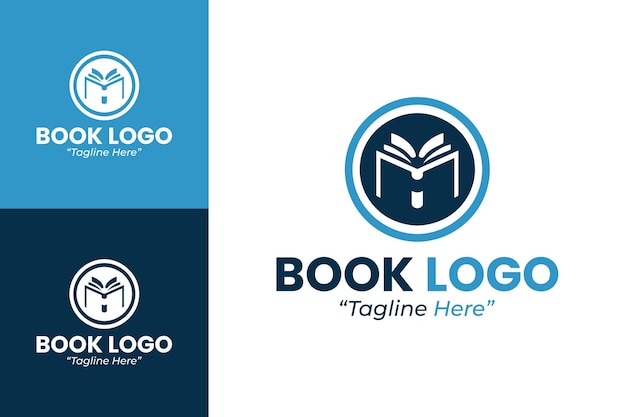 Elegante logotipo de libro con esquema de colores azul y blanco para la marca empresarial