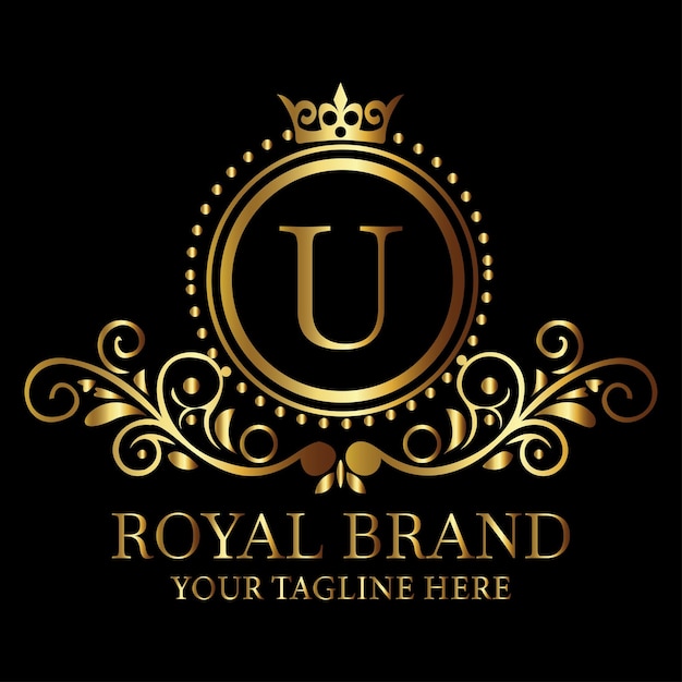Elegante logotipo de marca real dorado con diseño U, detalles ornamentados y monograma de lujo para un atractivo premium