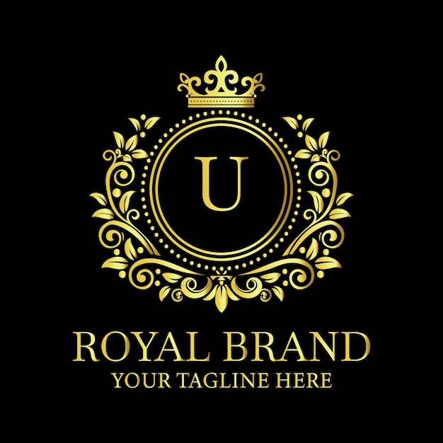 Elegante logotipo de marca real dorado con la letra U y diseño de corona ornamental para empresas de lujo