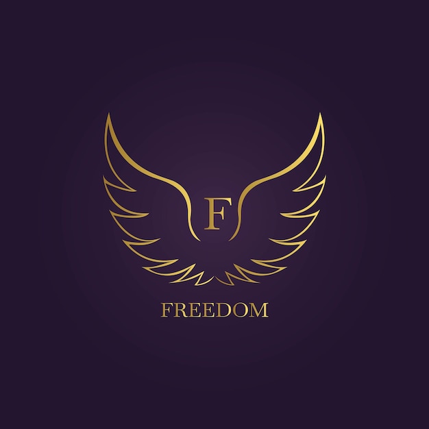 Elegante logotipo minimalista de alas doradas con la letra serif F y el texto FREEDOM en un fondo púrpura oscuro
