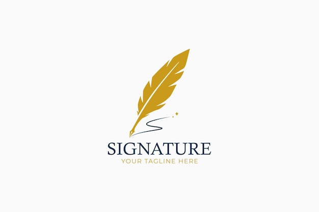 Elegante logotipo de pluma dorada para una marca sofisticada e identidad profesional