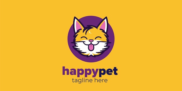 Elegante logotipo vectorial amarillo y morado para una moderna tienda de mascotas y clínica happy pet fashion brand